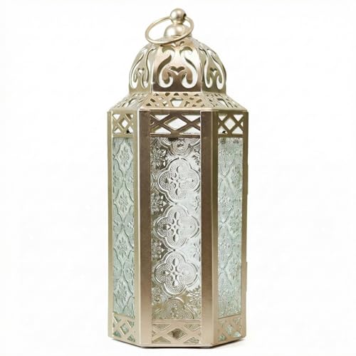 Vela Lanterns Decorative Indoor Moroccan Candle Holder, White Gold, M | Ramadan Decorations for Home, Turkish Votive Pillar Lamp, Boho Champagne Tealight Centerpiece, Eid Diwali, 10.5in Tall - color: White Gold/Clear, size: Medium