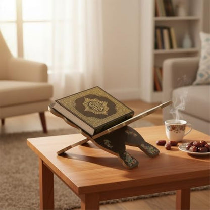 Wooden Foldable Book Holder, Adjustable Hand Carved Stand for Quran Bible, Islamic Muslim Prayer Book Holder, Ramadan Eid Party Ornament Display Rack - color: Black