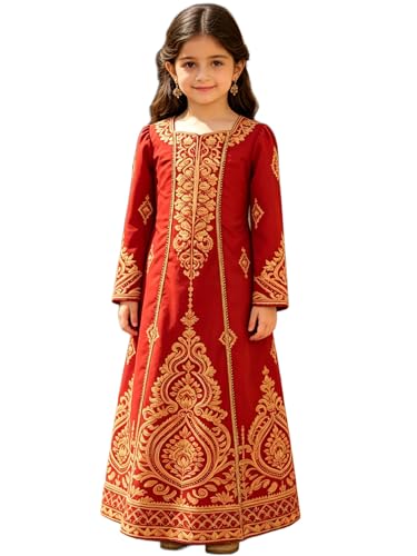 ABaoWedding Muslim Girls Abaya Prayer Dresses Islamic Arabian Kids Embroidered Long Sleeve Kaftan Dresses - color: Burgundy, size: 8