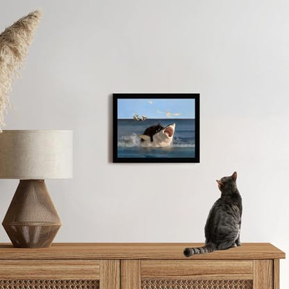 ICHZUMW Framed Funny Black Cat Biting Shark Ocean Canvas Wall Art 8x10 In - color: Black Shark Rider, size: 10"L x 8"W