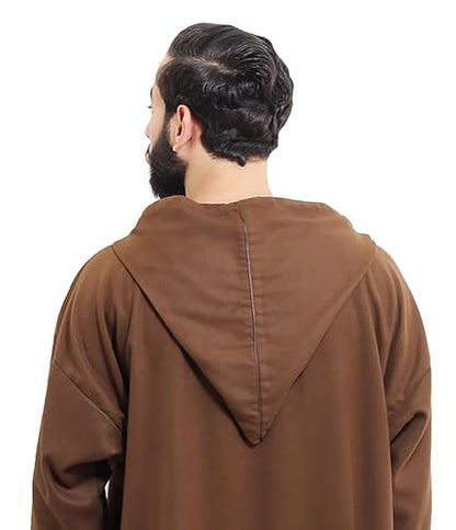 Moroccan Men Djellaba with Hood – Handmade Winter Jellaba Cotton Kaftan with Delicate Embroidery, Caftan Fits L–XL - color: Chocolote