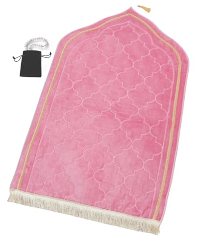 Islamika Prayer Mat Islamic Muslim Rug - Thick Padded mat Sajadah Men Women with Islam Prayer Beads for Eid Travel Ramadan, Soft and Padded (Pink) - color: Pink