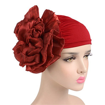 Women Flower Elastic Turban Beanie Head Scarf wrap Chemo Cap hat for Cancer Patient - color: Red