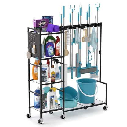 Broom Holder with Cleaning Supplies Organizer, Heavy Duty Janitorial Housekeeping Cart with Mop Clips & Hooks, Home Essentials Broom Closet Storage, Multifunctional Cleaning Cart for Laundry
