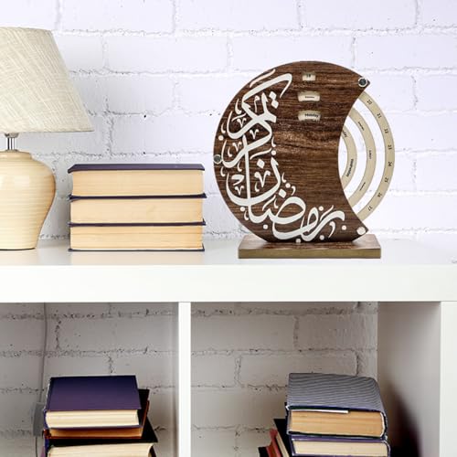 Ramandan Perpetual Desk Calendar Islamic Table Decor Muslim Gifts Wooden Ring A Date Reusable Ramadan Countdown Calendar Decoration for Home Office Living Room Tabletop Shelf