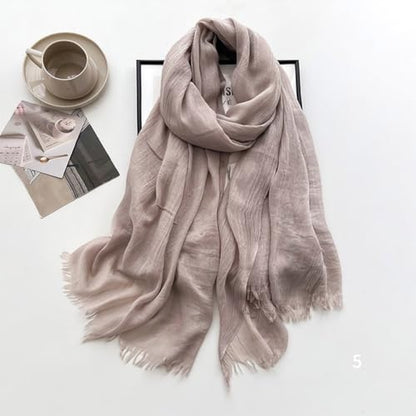 Solid color cotton and linen scarf, wrinkled all season versatile long sunscreen fashionable shawl - color: Khaki