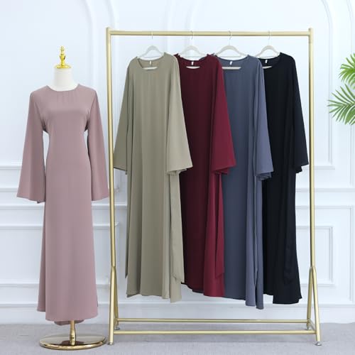 khalat Muslim Abaya Dress Women Solid Color Modest Prayer Robe Islamic Dubai Long Sleeve Lightweight Maxi Dress - color: Khaki, size: Medium