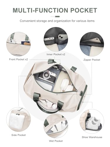 Gym Bag for Women Men with Shoe Compartment, Sport Duffel Bag, Waterproof Travel Weekender Overnight Carry on Bag for Yoga with Trolley Sleeve, Beige Green - color: A7-Beige Green