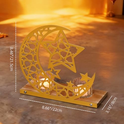 Gold Ramadan Decorations for Home, Star and Crescent Moon Silhouette Tealight Candle Holder with 2 Glass Votives, Wooden Tray Eid Mubarak Table Decor Centerpiece, Islamic Ramadan Kareem Gifts