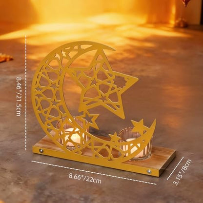 Gold Ramadan Decorations for Home, Star and Crescent Moon Silhouette Tealight Candle Holder with 2 Glass Votives, Wooden Tray Eid Mubarak Table Decor Centerpiece, Islamic Ramadan Kareem Gifts
