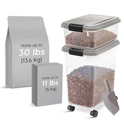 IRIS USA Airtight Dog Food Storage Container Combo, 30 lb & 11 lb Bin | Stackable food storage system includes scoop and wheels to keep kibble, treats, and pet food fresh and organized. - color: Chrome