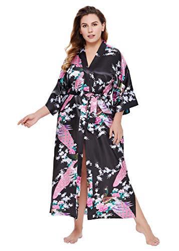 BABEYOND Women's Kimono Robe Long Satin Robes with Peacock and Blossoms Printed Kimono Nightgown - color: Black, size: One Size Plus