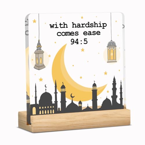 Mubarak Islamic With Hardship Comes Ease Acrylic Sign Decor Ramadan Mubarak Table Decor Muslim Gifts Acrylic Plaque Arabic Ramadan Tree Gifts for Men Women with Wood Stand 4 X 4 Inches - style: Art Deco