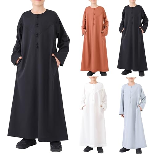 Boys Arabic Thobe Solid Long Sleeve Muslim Kaftan Robe Kids Boys Crew Collar Button Islamic Thobe Ramadan Eid Outfit - color: Black, size: 5-6X