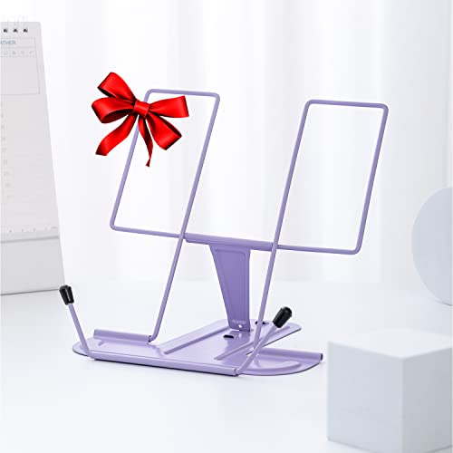 MSDADA Metal Book Stand for Desk, Adjustable Reading Rest Book Holder, Portable Cookbook Documents Holder, Sturdy Typing Stand for Recipes Textbooks Tablet Music Books with Page Clips (Purple) - color: Purple