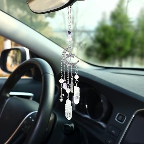 Car Rear View Mirror Accessories Car Hanging Ornament,Witchy Butterfly&Moon Rearview Decor Charm White Jade Beaded Crystal Boho Handmade Unique Cute Swinging Interior Decor for Women Men - color: Butterfly02
