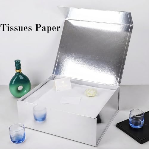 UoeRing 6 Pcs Silvery Gift Box Large 11.5x8x4 Inch with Magnetic Lid | Collapsible Luxury Present Box,for Birthday,Christmas Holiday Gift Includes Card,Ribbon,Tissue Paper & Shredded Filler - color: 13.5x11.8x4.7 Inch-Silvery-Pack of 6
