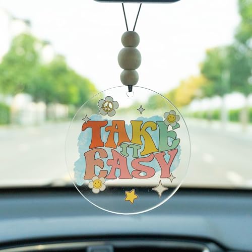 Talataca Take It Easy 2D Flat Car Ornament & Wood Beads, Funny Quote Beaded Rear View Mirror Accessories, Retro Rearview Hanging Charm, Christmas Tree Decor - color: 44