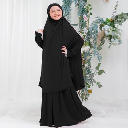 Kids Girls Muslim Islamic Two-piece Outfits Lace Long Sleeve Hijab Dress Abaya and Loose Skirt Full Cover Kaftan - color: Black, size: 18-24 Months