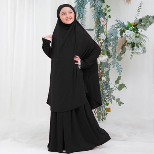 Kids Girls Muslim Islamic Two-piece Outfits Lace Long Sleeve Hijab Dress Abaya and Loose Skirt Full Cover Kaftan - color: Black, size: 5-6 Years