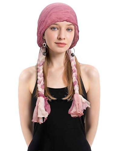 ZLYC Chemo Headwear Long Pre Tied Head Scarf Beanie for Women - color: Braid Pink and Beige