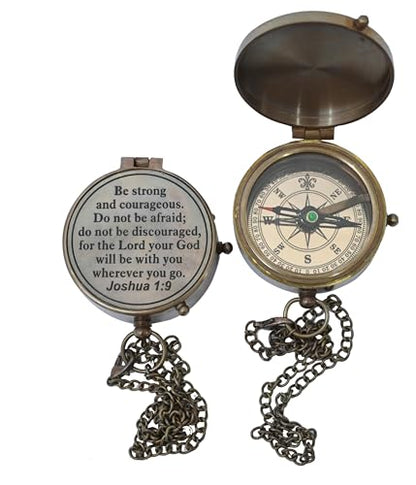 Vintage Brass Compass Engraved with Joshua 1:9 – “Be Strong and Courageous” Christian Gift for Men, Graduation, Baptism & Confirmation – Antique Nautical Compass with Leather Box