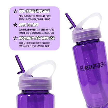 Ninja Kidz Official Kids Water Bottle with Straw, Reusable Water Bottle with Handle, Leak-Resistant, Insulated, Durable, Great for Sports, Official Merch, 0.5 liters, Purple - color: Purple