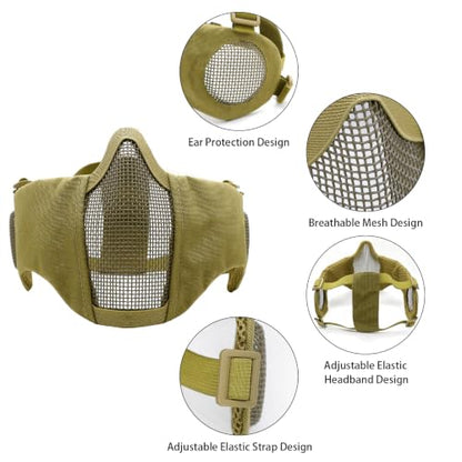 Airsoft Mask with Goggles, Foldable Half Face Airsoft Mesh Mask with Ear Protection for Paintball Shooting Cosplay CS Game - color: T, size: 3pcs