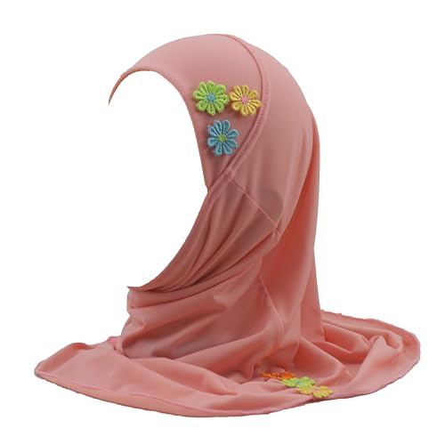 Girls Instant Hijab – Soft Kids Muslim Scarf with Flower, Breathable One-Piece Headscarf for Toddlers Age 2-8 - color: Orange Pink