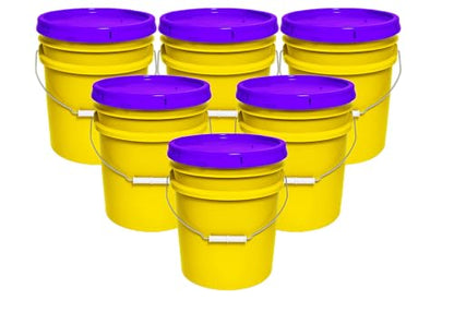 5-Gallon Bucket with Airtight Lid – Made in USA, Food Grade BPA Free Plastic, Heavy Duty Multi-Use, Metal Handle with Grip, Stackable Storage – Yellow, 6 Pack - color: Yellow, size: 6