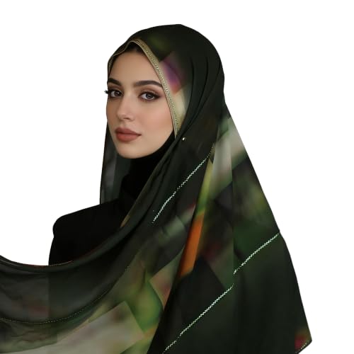 Chiffon Rhinestone Muslim Headscarf - color: Green Geometric Pattern 