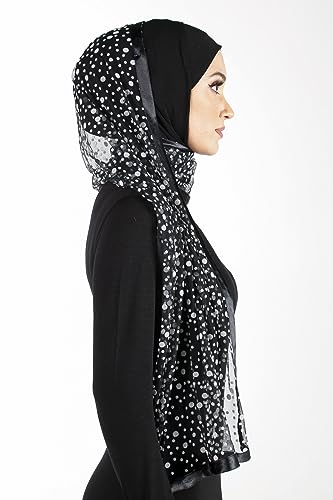 Stylish Mona Hijab Women's Black Kuwaiti with Chiffon Wrap Shawl & Satin Trim - color: Black With White Dots