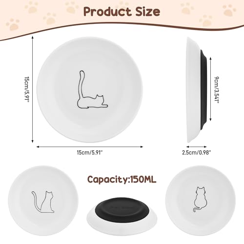 3 Pcs Ceramic Cat Food Bowls, Cute Cat Bowls, 5.9 Inch Cat Plates Set for Wet and Dry Food Water, White Flat Cat Dish with Non-Slip Base for Cats and Puppies (3 Kitten Patterns)