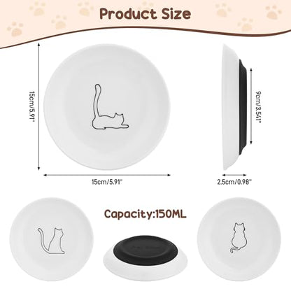 3 Pcs Ceramic Cat Food Bowls, Cute Cat Bowls, 5.9 Inch Cat Plates Set for Wet and Dry Food Water, White Flat Cat Dish with Non-Slip Base for Cats and Puppies (3 Kitten Patterns)