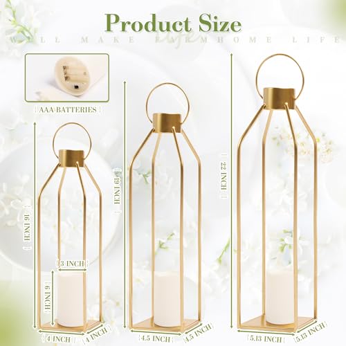 HPC DECOR 모던 팜하우스 랜턴 장식 - 55.9cm(22인치) 48.3cm(19인치) 40.6cm(16인치) 높이 대형 골드 메탈 캔들 랜턴 홈 데코용 - 랜턴 장식, 거실, 야외, 벽난로 맨틀 장식용 타이머 깜박이는 양초 포함 - size: 22inch,19inch and 16inch（Gold）