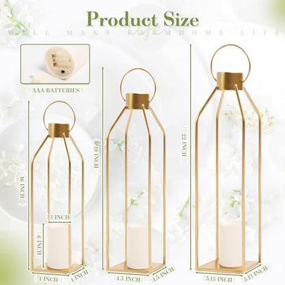HPC DECOR 모던 팜하우스 랜턴 장식 - 55.9cm(22인치) 48.3cm(19인치) 40.6cm(16인치) 높이 대형 골드 메탈 캔들 랜턴 홈 데코용 - 랜턴 장식, 거실, 야외, 벽난로 맨틀 장식용 타이머 깜박이는 양초 포함 - size: 22inch,19inch and 16inch（Gold）