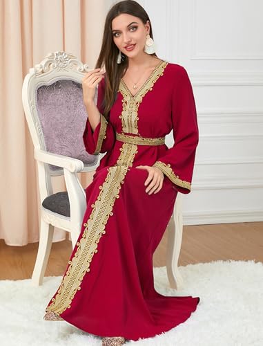 FYMNSI Women Muslim Abaya Dress Islamic Dubai Modest Lace Belted Dress Abayas Kaftan Eid Prayer Clothes Arabian Maxi Robe - color: Red, size: Small