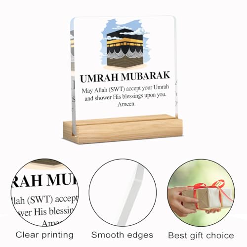 Umrah Mubarak Islamic Acrylic Sign Decor Hajj Ramadan Mubarak Table Decor Muslim Gifts Acrylic Plaque Arabic Ramadan Tree Gifts for Men Women with Wood Stand 4 X 4 Inches - style: Antique