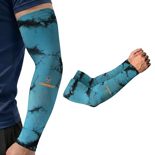 ARMORAY Arm Sleeves for Men UV Protection Cooling SPF 50 Sun Sleeves Sports - color: Black Teal Tie & Dye