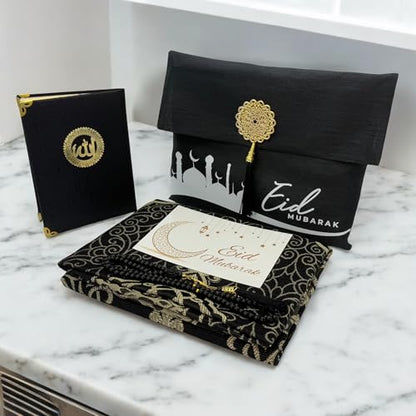 Modefa Luxury Islamic Thin Travel Prayer Mat in Satin Gift Bag - Deluxe 4 Piece Travel Set with Dua Book & Prayer Beads Tesbih - Thin Chenille Turkish Praying Carpet - Eid Gift Set (Black) - color: Black