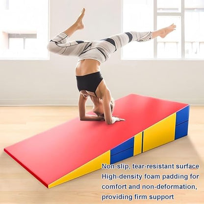 LICOME Folding Incline Gym Mat Tumbling Cheese Wedge Design for Gymnastics, Martial Arts, Dance, Yoga And Stretch Training，After It Can Be Used As A Jumping Box - color: Red Blue Yellow, size: 150x75x35cm