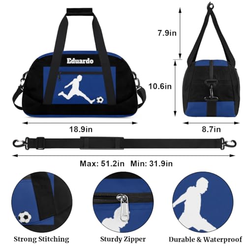 Custom Sports Football Duffel Bag, Playing Soccer Blue, Black | Personalized Named Practice Travel Overnight Training Bag - color: Color 34