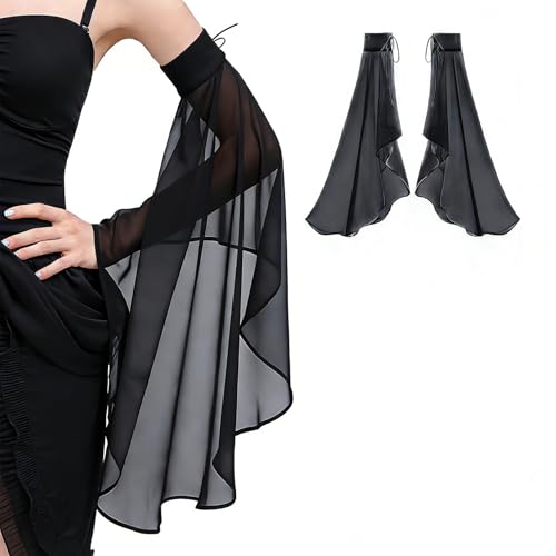 Long Tulle Bell Sleeves for Women, Women's Victorian Long Tulle Gloves with Adjustable Tie Strings - color: Black