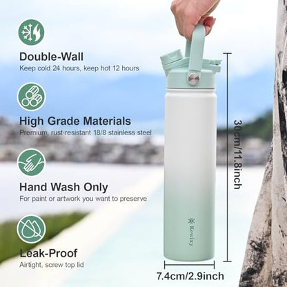 24 oz Insulated Water Bottle, 2-in-1 Lid, Straw & Spout with Protected, Leak Proof, Keep Cold 24H, Cup Holder Fit, Stainless Steel, Metal, Reusable, for Travel, Gym and School, 2 Lids, Iced Mint - color: Iced Mint, size: 24 Ounces