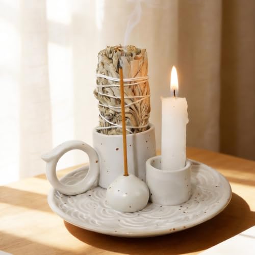 Tnstbiee 4-in-1 White Ceramic Palo Santo Holder, Multi-Purpose Smudge Tray - color: Palo-incense-dish-white