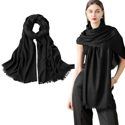 Extra Large Cotton Linen Shawl Wrap for Women, Elegant Scarf with UV Protection Breathable Lightweight Head Cover Hijab - color: Black
