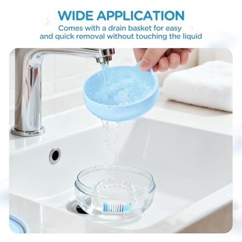 Retainer Case Denture Bath Case Basket Mirror Leak-proof Blue Cat | 2-in-1 design Strainer Basket No-Leak Cleaning Case for Mouth Guard Cute Removal Tool,Aligner chewies,Bursh - color: Blue Cat