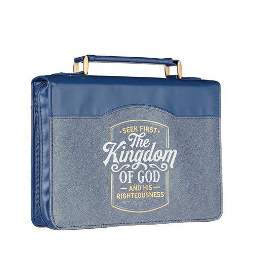 Christian Art Gifts Vegan Leather Fashion Bible Cover Carry Case for Women: Seek First the Kingdom of God - Mat. 6:33 Inspirational Scripture Verse w/Pockets, Pen Storage & Gold, Metallic Blue, Medium - size: Medium