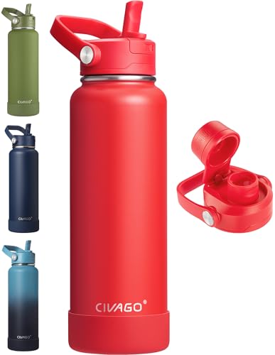 CIVAGO 40 oz Insulated Stainless Steel Water Bottle with Detachable Straw, Large Metal Water Jug with Bucket Handle, Leakproof Sports Water Flask with Silicone Boot, Dishwasher Safe, Red - color: Red, size: 40 Ounces