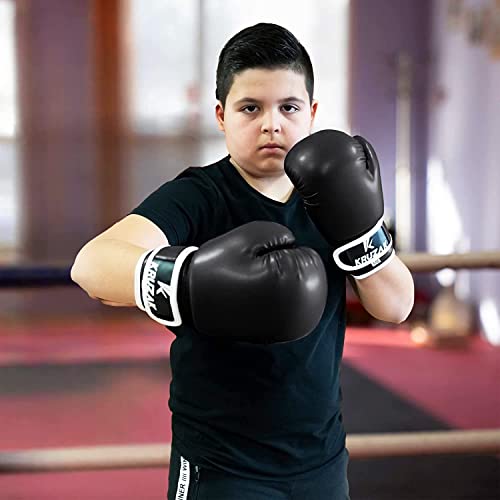 Kruzak Boxing Gloves for Kids 5-10 Years Training, Sparring, Kickboxing, Muay Thai, Martial Arts & MMA Fighting - Boys & Girls Punch Bag Mitts Training - color: Black, size: 4 oz